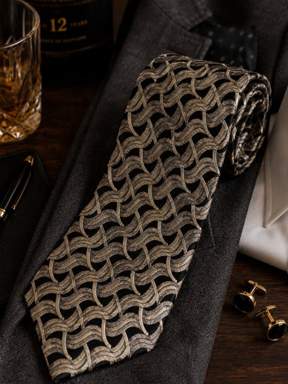 Vintage Silk Geometric Tie Black Beige Wave Pattern Retro Mens Necktie